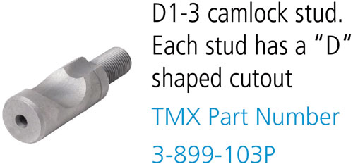 D1-3 camlock stud. Each stud has a “D“ shaped cutout TMX Part Number 3-899-103P